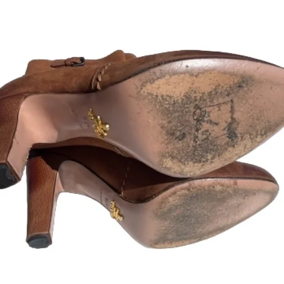 PRADA Leather Heel Mid Calf High Boots Brown Cognac Size 37.5 EU 7.5 US - Picture 8 of 11